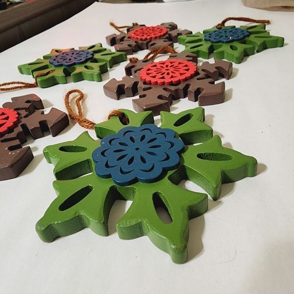 Set of 6 Wooden Earth Toned Snowflake Christmas Ornaments - Picture 2 of 3